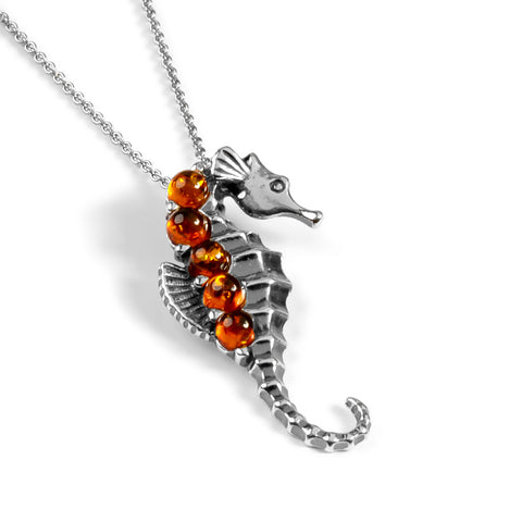 Small Seahorse Necklace in Silver and Amber