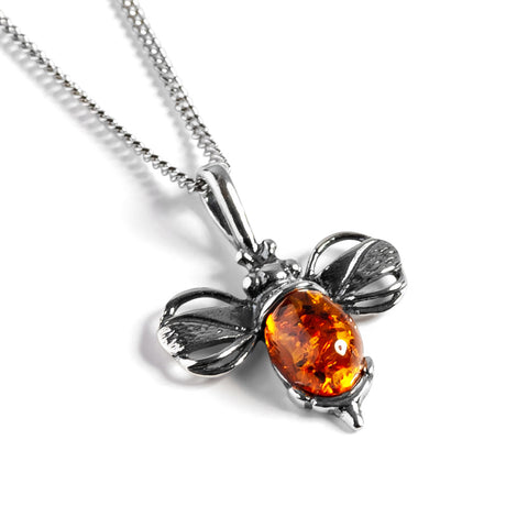 Miniature Bumble Bee Necklace in Silver and Amber