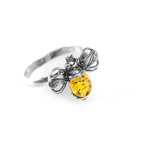 Bumble Bee Ring in Silver and  Yellow Amber