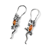 Lizard Drop Earrings in Silver and Green Amber