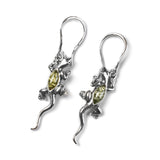 Lizard Drop Earrings in Silver and Green Amber
