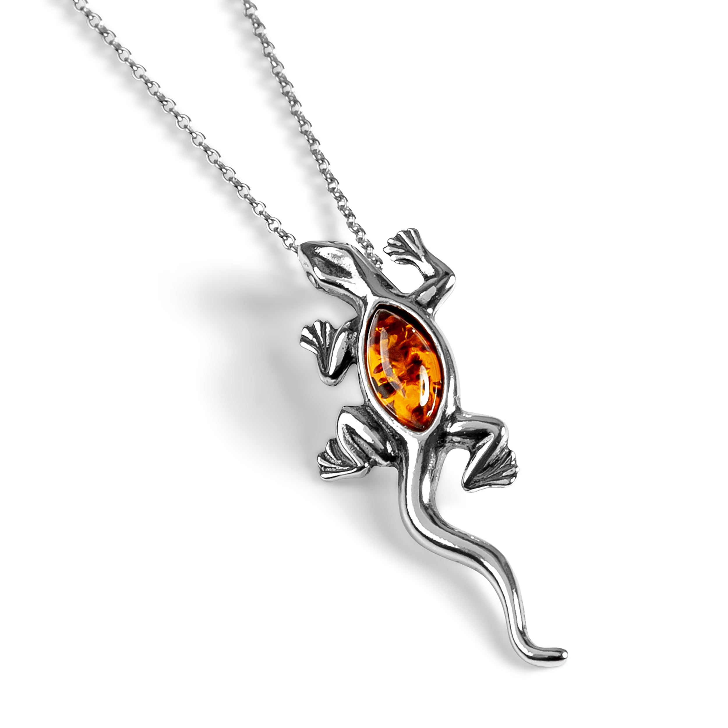 Small Climbing Lizard Necklace in Silver and Green Amber