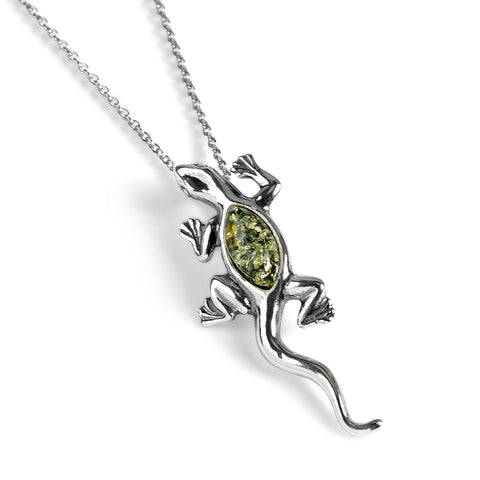 Small Climbing Lizard Necklace in Silver and Green Amber