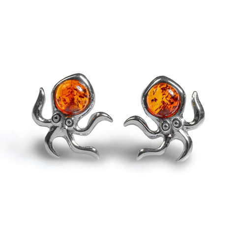 Octopus Stud Earrings in Silver and Amber