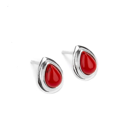 Classic Teardrop Stud Earrings in Silver and Coral