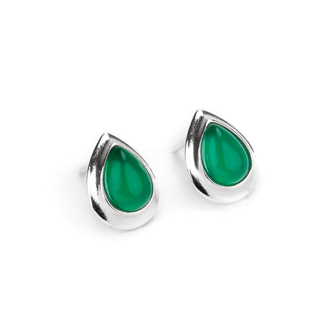 Classic Teardrop Stud Earrings in Silver and Green Onyx