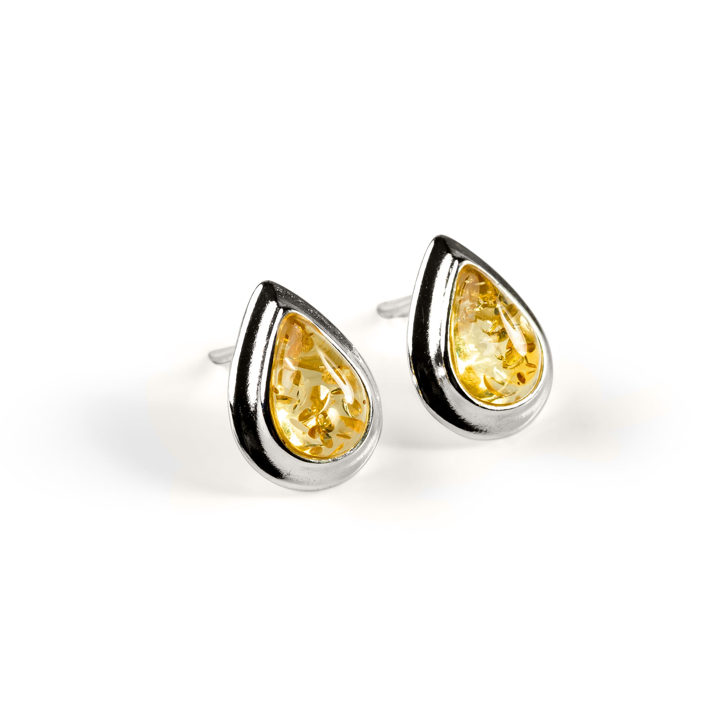 Classic Teardrop Stud Earrings in Silver and Cognac Amber