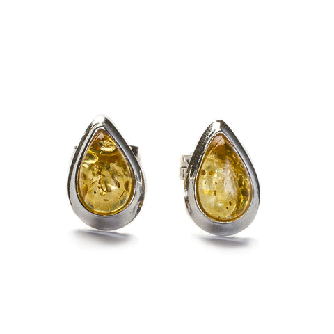 Teardrop Stud Earrings in Silver and Yellow Amber