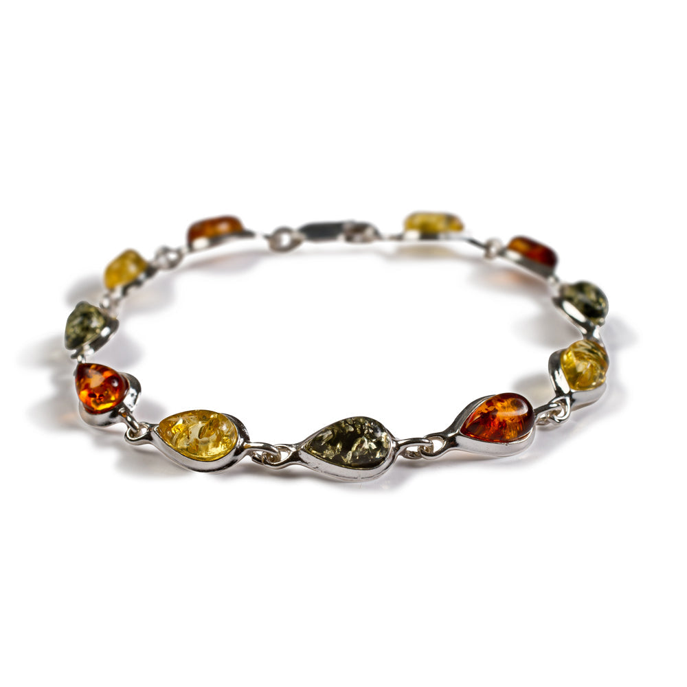 Classic Teardrop Link Bracelet in Silver and Green Amber