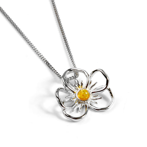 Pansy Flower Necklace in Silver and Yellow Amber