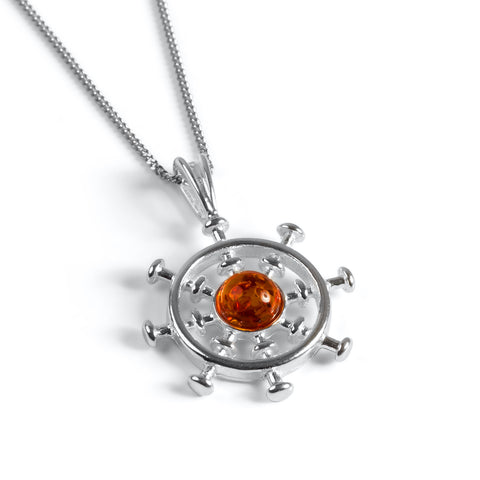 Ship's Wheel Necklace in Silver and Amber