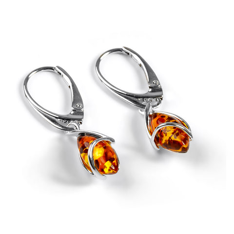 Elegant Twist Drop Earrings in Silver and Amber