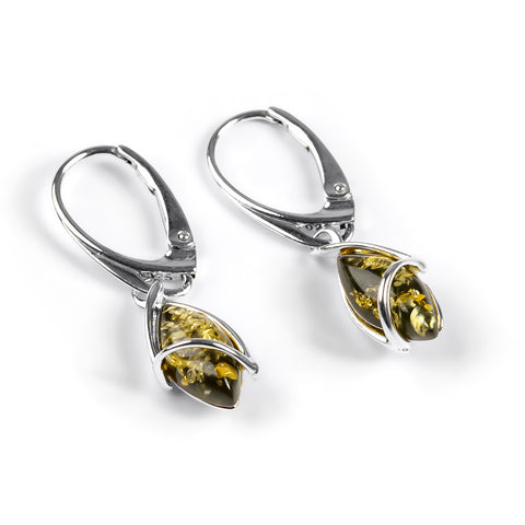 Elegant Twist Drop Earrings in Silver and Green Amber