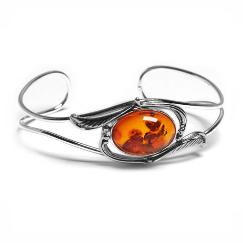 Feather Design Bangle in Silver and Cognac Amber