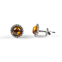 Rope Edge Stud Earrings in Silver and Cognac Amber