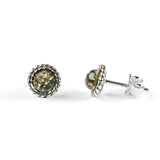 Rope Edge Stud Earrings in Silver and Green Amber