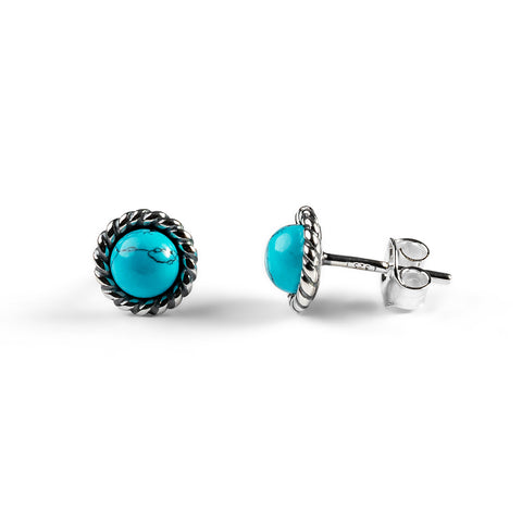 Rope Edge Stud Earrings in Silver and Turquoise