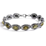 Vintage Style Link Bracelet in Silver and Green Amber