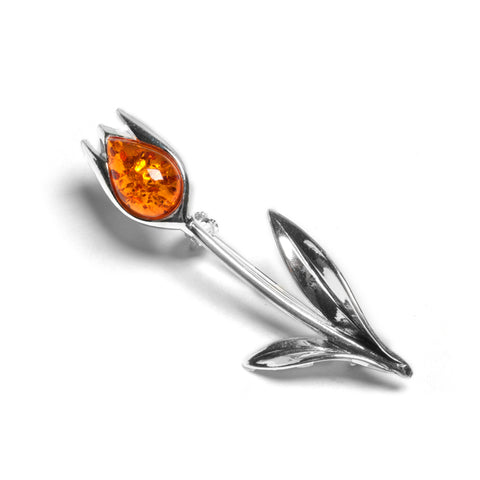Single Tulip Brooch in Silver and Amber