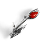 Single Tulip Brooch in Silver and Coral