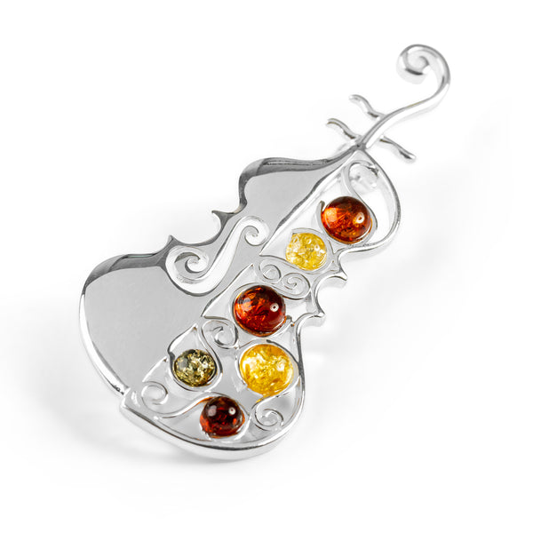 Musical Cello Brooch Silver and Amber