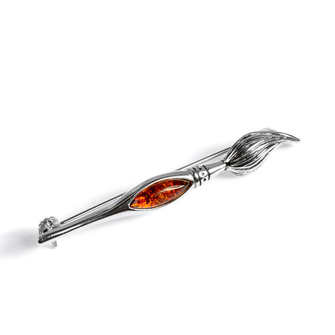 Artist's Paint Brush Brooch in Silver and Amber