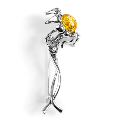 Half Sunflower Brooch in Silver and Yellow Amber