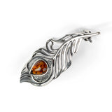 Peacock Feather Brooch in Silver and Amber
