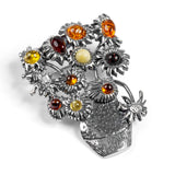 Sunflowers Brooch Inspired by Van Gough in Silver and Amber