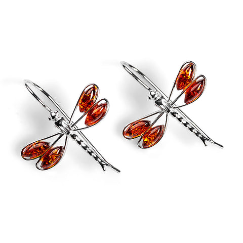 Rounded Dragonfly Drop Earrings in Silver and Amber