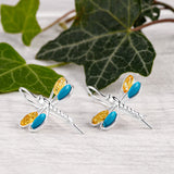 Rounded Dragonfly Drop Earrings in Silver, Yellow Amber and Turquoise