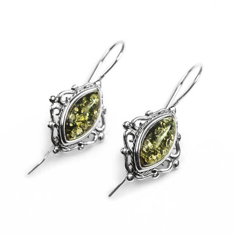 Vintage Style Earrings in Silver and Green Amber