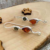 Cat Drop Earrings in Silver ad  Cognac and Green Amber