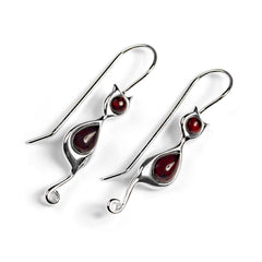 Black Cat Drop Earrings in Silver and Cherry Amber