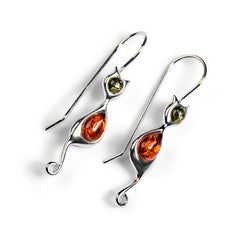Cat Drop Earrings in Silver ad  Cognac and Green Amber