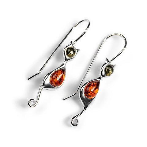 Cat Drop Earrings in Silver ad  Cognac and Green Amber