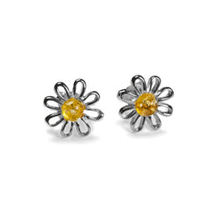Daisy Stud Earrings in Silver and Yellow Amber