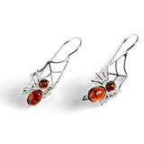 Spider on Web Hook Earrings in Silver and Amber
