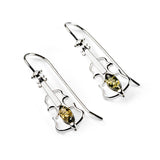 Music Violin Hook Earrings in Silver and Green Amber