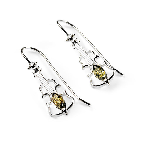 Music Violin Hook Earrings in Silver and Green Amber