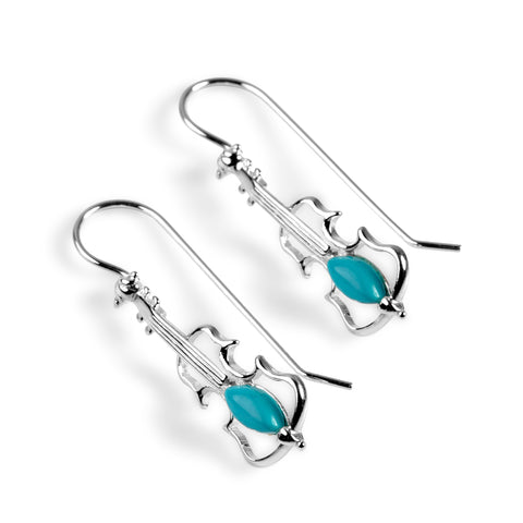 Music Violin Hook Earrings in Silver and Turquoise