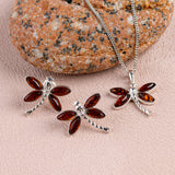 Pointed Dragonfly Necklace in Silver and Amber