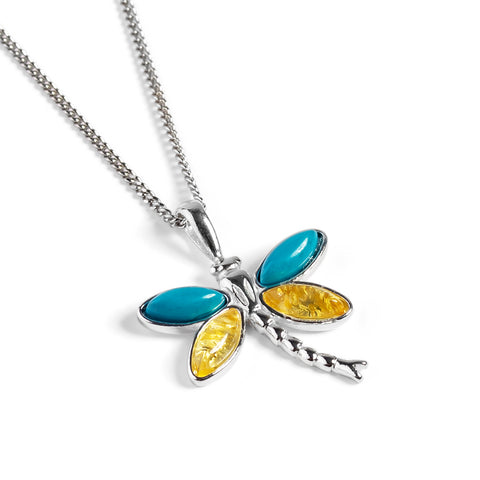 Pointed Dragonfly Necklace in Silver, Turquoise and Yellow Amber