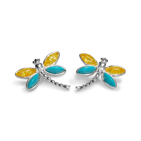 Pointed Dragonfly Stud Earrings in Silver, Turquoise and Yellow Amber