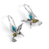 Hummingbird Hook Earrings in Silver, Green Amber and Turquoise