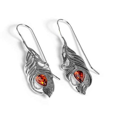 Peacock Feather Hook Earrings in Silver and Amber