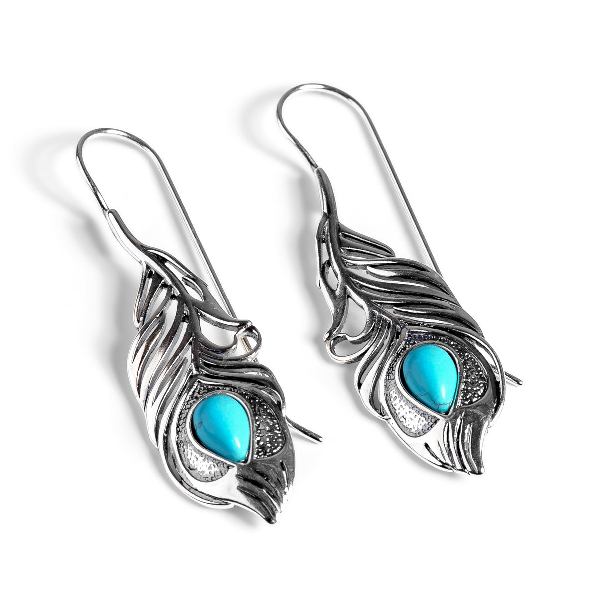 Peacock Feather Hook Earrings Silver