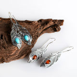 Peacock Feather Hook Earrings in Silver and Amber