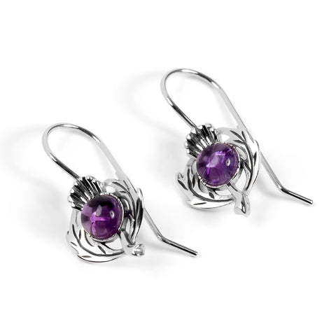 Scottish Thistle Hook Earrings in Silver and Amethyst