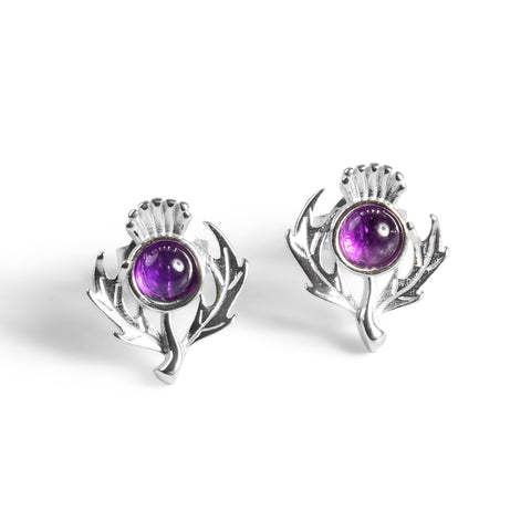 Scottish Thistle Studs Earrings in Silver and Amethyst